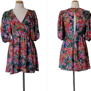Top Shop Floral Balloon Puff Sleeve Opem Back Brunch Cocktail Party Mini Dress